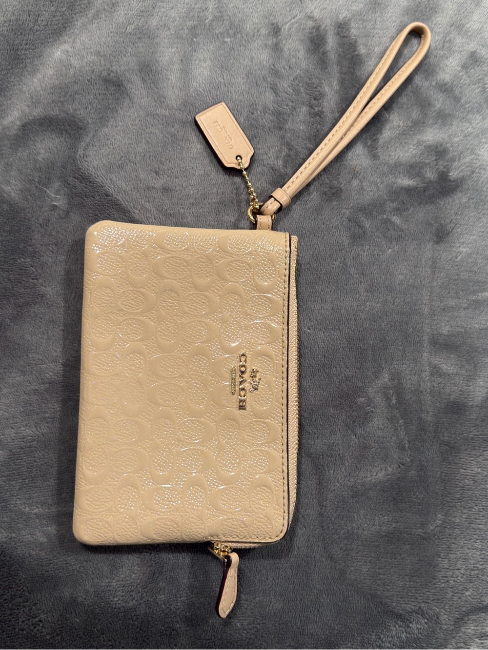 Coach Patent Leather Wristlet in Beige with Gold Hardware